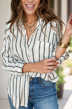 Load image into Gallery viewer, Pocketed Striped Collared Neck Long Sleeve Shirt