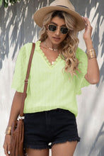 Load image into Gallery viewer, Swiss Dot Lace Trim Flutter Sleeve V-Neck Blouse