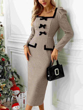 Load image into Gallery viewer, Bow Plaid Square Neck Puff Sleeve Dress