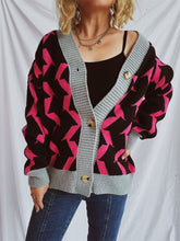 Load image into Gallery viewer, Contrast Trim Geometric V-Neck Long Sleeve Cardigan