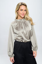 Load image into Gallery viewer, Made in USA Solid Satin Ruffle Mock Neck Top