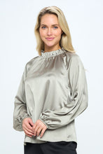 Load image into Gallery viewer, Made in USA Solid Satin Ruffle Mock Neck Top