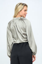 Load image into Gallery viewer, Made in USA Solid Satin Ruffle Mock Neck Top