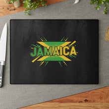 Load image into Gallery viewer, Jamaica Glass Cutting Board — Jamaican Flag Graphic Kitchen Prep Board