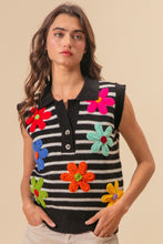 Load image into Gallery viewer, Flower Patch Striped Half Button Sweater Vest