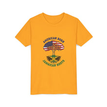 Load image into Gallery viewer, Youth Tee - "American Born Jamaican Roots" Patriotic USA/Jamaica Tree Graphic