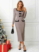 Load image into Gallery viewer, Bow Plaid Square Neck Puff Sleeve Dress