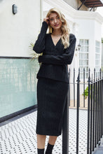 Load image into Gallery viewer, Mixed Knit V-Neck Cardigan Skirt Set