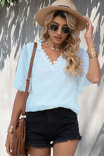 Load image into Gallery viewer, Swiss Dot Lace Trim Flutter Sleeve V-Neck Blouse