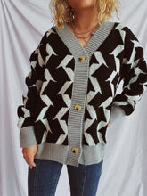 Load image into Gallery viewer, Contrast Trim Geometric V-Neck Long Sleeve Cardigan