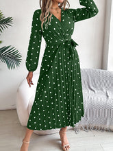 Load image into Gallery viewer, Tied Polka Dot Long Sleeve Midi Dress