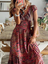 Load image into Gallery viewer, Full Size Smocked Printed V-Neck Short Sleeve Dress