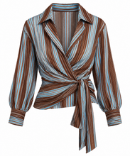 Load image into Gallery viewer, Celine Striped Wrap Shirt with Tie-Front Detail