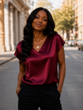 Load image into Gallery viewer, Satin V-Neck Short Sleeve Blouse