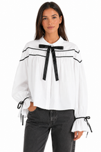 Load image into Gallery viewer, Lacy Ribbon Bowtie Collared Neck Flounce Sleeve Shirt