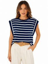 Load image into Gallery viewer, Florira Striped Round Neck Cap Sleeve T-Shirt