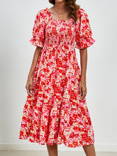 Load image into Gallery viewer, Smocked Floral Square Neck Short Sleeve Dress