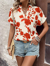 Load image into Gallery viewer, Flower Notched Short Sleeve Blouse