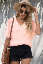 Load image into Gallery viewer, Swiss Dot Lace Trim Flutter Sleeve V-Neck Blouse