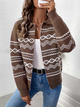 Load image into Gallery viewer, Perfee Geometric Zip Up Collared Neck Long Sleeve Cardigan