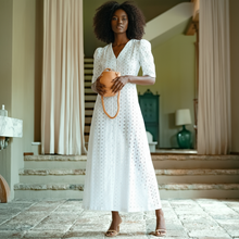 Load image into Gallery viewer, Black woman in white eyelet dress - full length