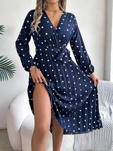 Load image into Gallery viewer, Tied Polka Dot Long Sleeve Midi Dress