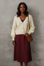 Load image into Gallery viewer, Cream cardigan with burgundy midi dress