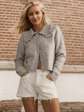 Load image into Gallery viewer, Frill Button Up Collared Neck Long Sleeve Cardigan