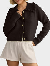 Load image into Gallery viewer, Frill Button Up Collared Neck Long Sleeve Cardigan