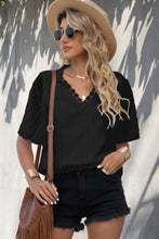 Load image into Gallery viewer, Swiss Dot Lace Trim Flutter Sleeve V-Neck Blouse