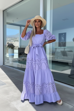 Load image into Gallery viewer, Lavender Eyelet Maxi Dress on Model