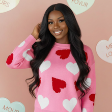 Load image into Gallery viewer, Pink heart sweater on Black model with black hair