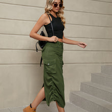 Load image into Gallery viewer, Drawstring Ruched Slit Denim Midi Skirt