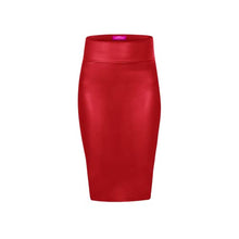 Load image into Gallery viewer, OrlyCollection Women's Elegant Slim Fit Midi Stretchy Pencil Skirt for Office Wear Proudly Made in USA (2X, Red Faux Leather)