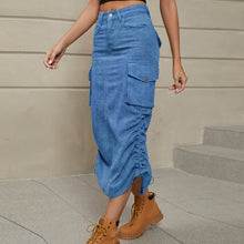Load image into Gallery viewer, Drawstring Ruched Slit Denim Midi Skirt