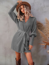Load image into Gallery viewer, Belted Surplice Lantern Sleeve Wrap Sweater Dress