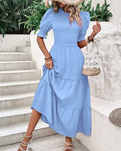 Load image into Gallery viewer, BTFBM Women Casual Summer Dresses 2023 Spring Crew Neck Ruffle Short Sleeve Floral Leopard Smocked Boho Flowy Maxi Dress(Solid Light Blue, X-Large)