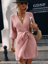 Load image into Gallery viewer, Belted Surplice Lantern Sleeve Wrap Sweater Dress