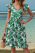 Load image into Gallery viewer, Ruffled Printed V-Neck Cap Sleeve Dress