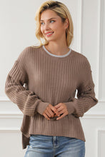 Load image into Gallery viewer, Ribbed Contrast Round Neck Slit Sweater