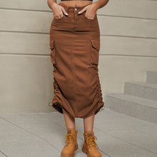 Load image into Gallery viewer, Drawstring Ruched Slit Denim Midi Skirt