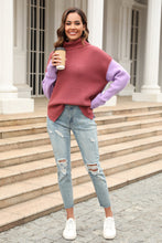 Load image into Gallery viewer, Double Take Color Block Turtleneck Slit Sweater