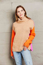 Load image into Gallery viewer, Double Take Color Block Turtleneck Slit Sweater