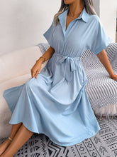 Load image into Gallery viewer, Short Sleeve Collared Tie Belt Dress