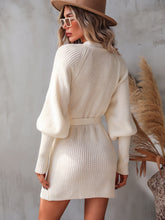 Load image into Gallery viewer, Belted Surplice Lantern Sleeve Wrap Sweater Dress