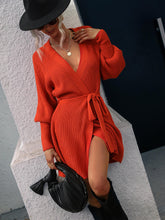 Load image into Gallery viewer, Belted Surplice Lantern Sleeve Wrap Sweater Dress