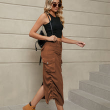 Load image into Gallery viewer, Drawstring Ruched Slit Denim Midi Skirt