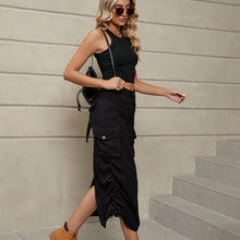 Load image into Gallery viewer, Drawstring Ruched Slit Denim Midi Skirt