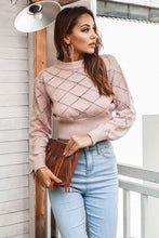 Load image into Gallery viewer, Openwork Plaid Round Neck Cropped Sweater