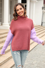 Load image into Gallery viewer, Double Take Color Block Turtleneck Slit Sweater